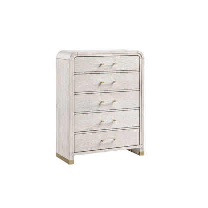 Malco 5 Piece Bedroom Set: whitewashed 5-drawer dresser with rounded edges and gold handles on Tampa Home & Garden Store
