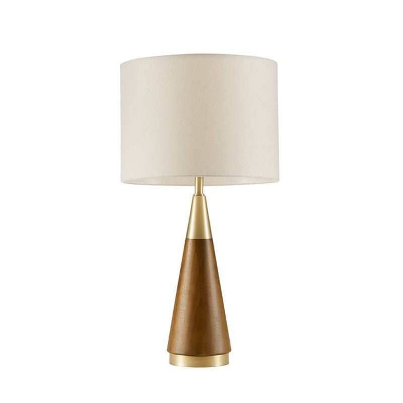 Triangular table lamp by HouseOfZazla with a wooden cone base and brass accents, ivory shade on Tampa Home & Garden Store