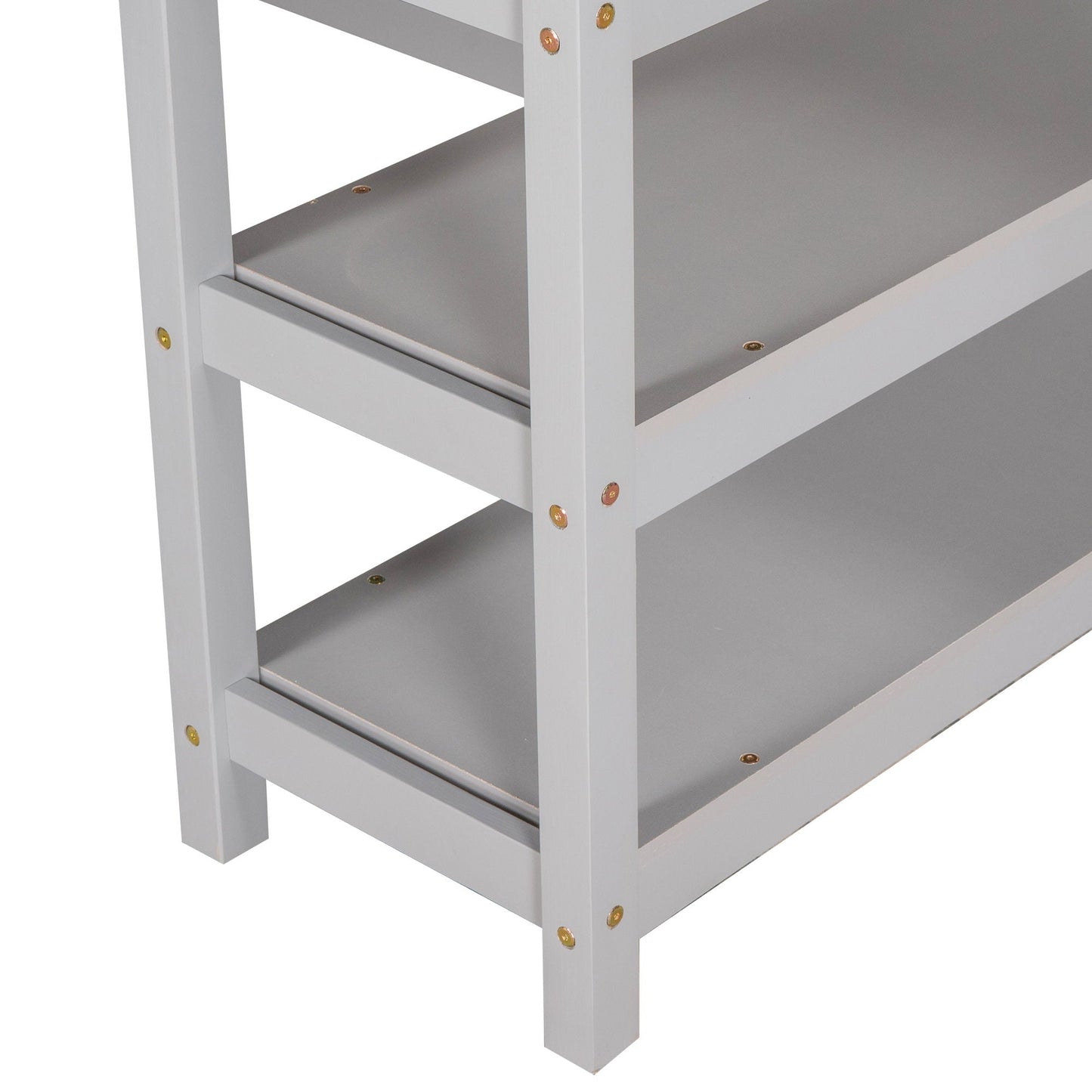 Loft bed with storage shelves and under-bed desk in gray finish; sturdy wooden frame on Tampa Home & Garden Store