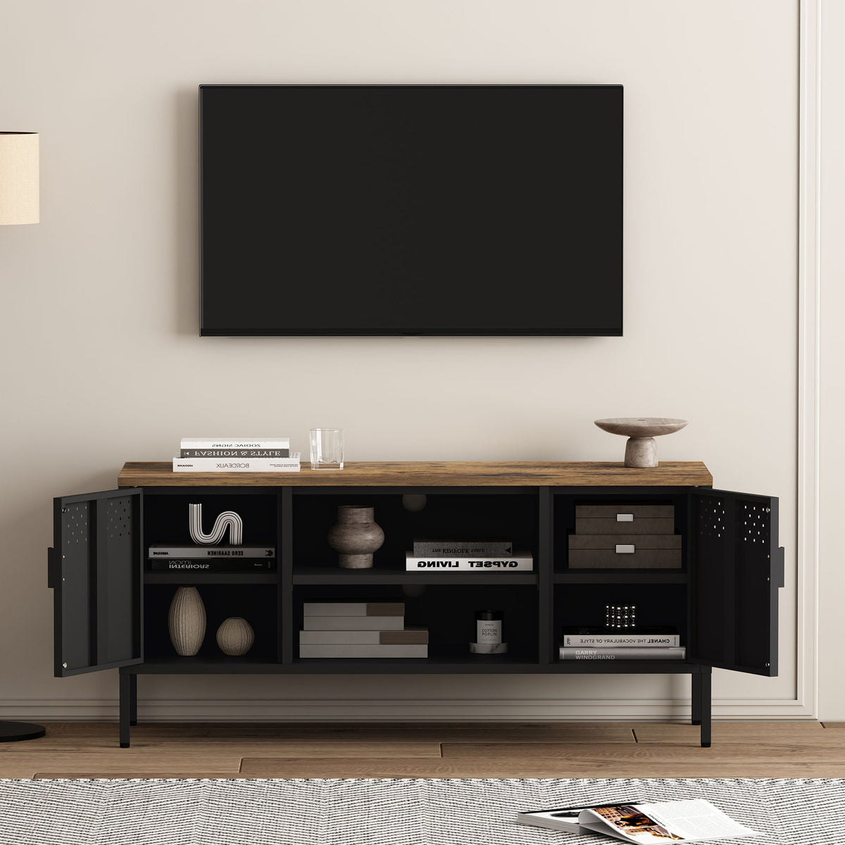 Storage Cabinet TV Stand with Steel Frame and Cabinets, black metal frame and wood top on Tampa Home & Garden Store