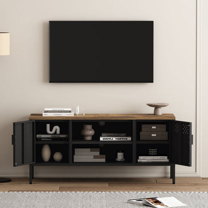 Storage Cabinet TV Stand with Steel Frame and Cabinets, black metal frame and wood top on Tampa Home & Garden Store