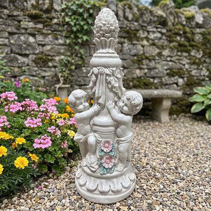 Climbing Children Garden Statues with cherubs around a decorative pedestal in gray stone on Tampa Home & Garden Store