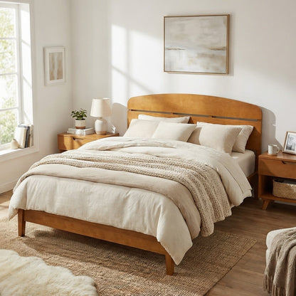 Queen Size solid wood platform bed with curved headboard in warm oak finish; beige bedding on Tampa Home & Garden Store