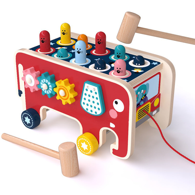 Montessori wooden pounding bench bus toy with colorful animal peg tops and gears, hammer included on Tampa Home & Garden Store