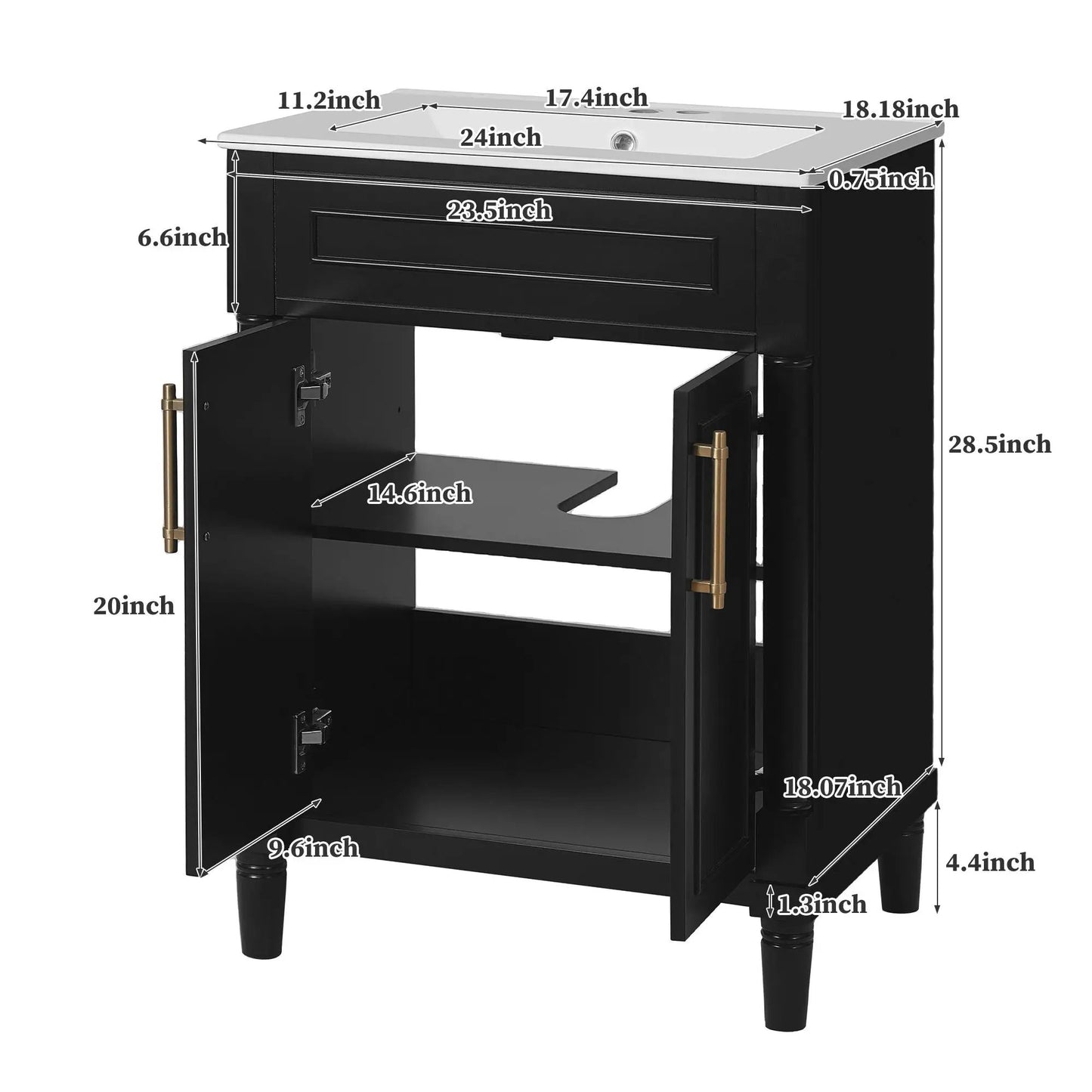Bathroom vanity with integrated sink, black wood cabinet, 2-door cabinet, brass hardware on Tampa Home & Garden Store