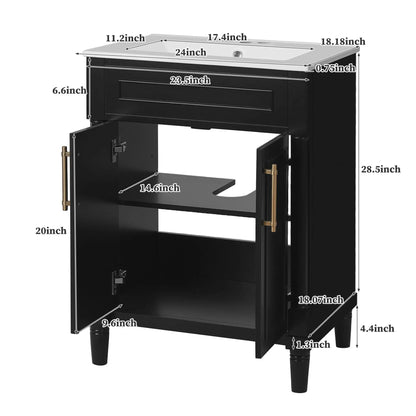 Bathroom vanity with integrated sink, black wood cabinet, 2-door cabinet, brass hardware on Tampa Home & Garden Store