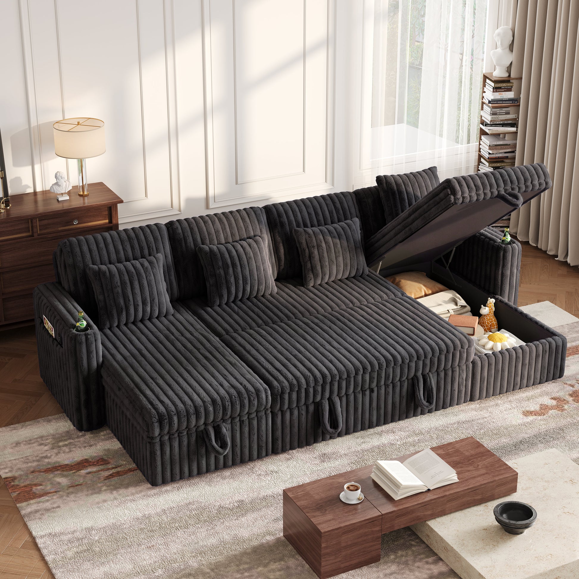 U-shaped plush corduroy sectional sleeper sofa charcoal gray HouseOfZazla on Tampa Home & Garden Store
