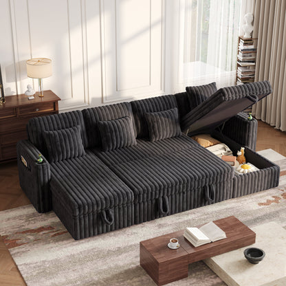 U-shaped plush corduroy sectional sleeper sofa charcoal gray HouseOfZazla on Tampa Home & Garden Store