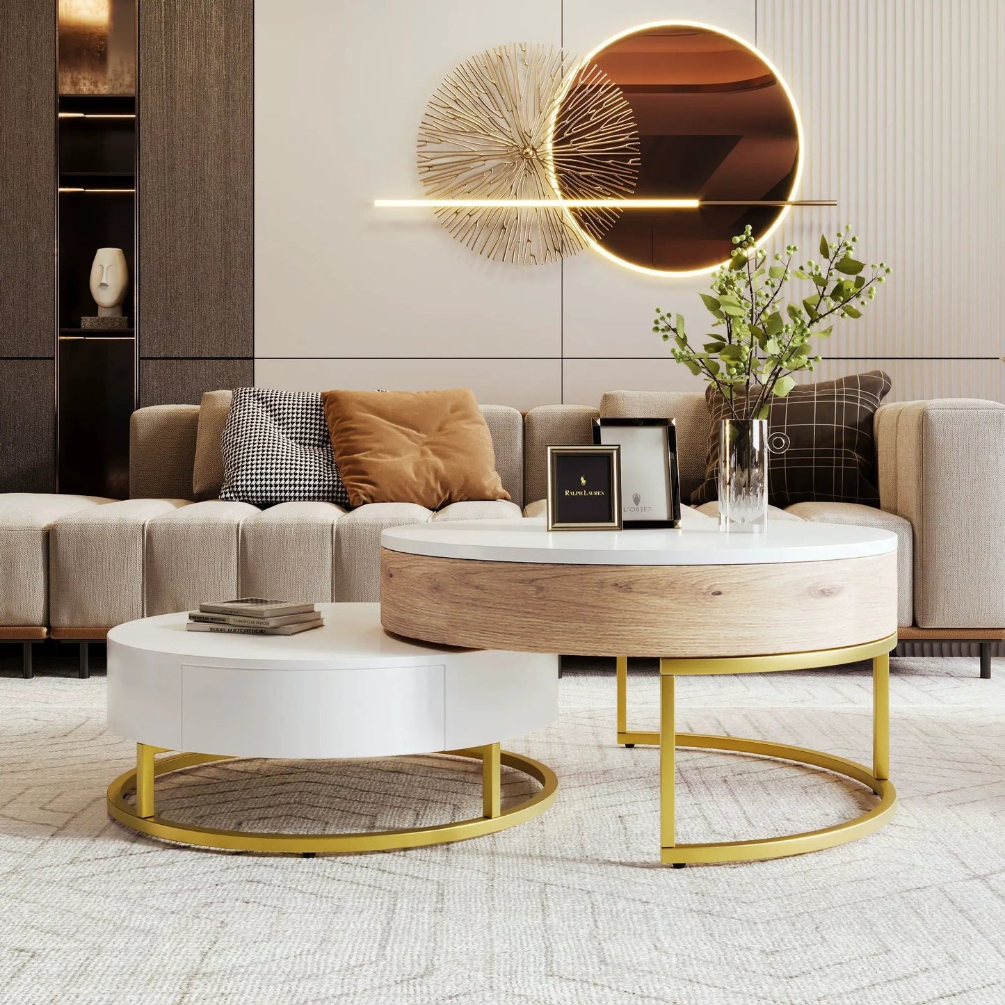 Round Lift-Top Nesting Coffee Tables with Drawers
