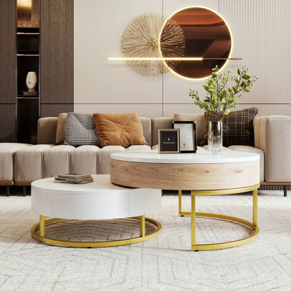 Round Lift-Top Nesting Coffee Tables with Drawers