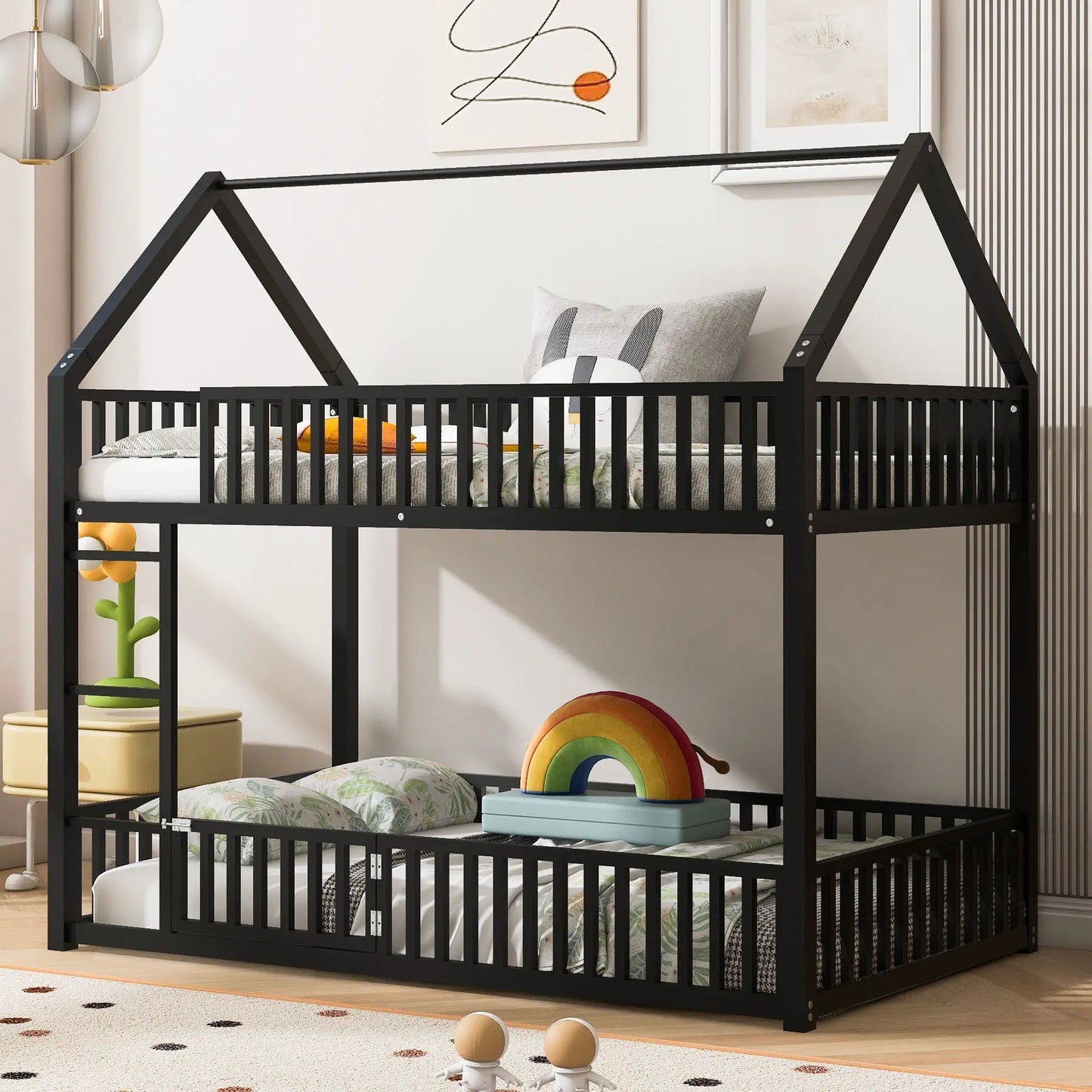 Metal House Bunk Bed with Fence and Door