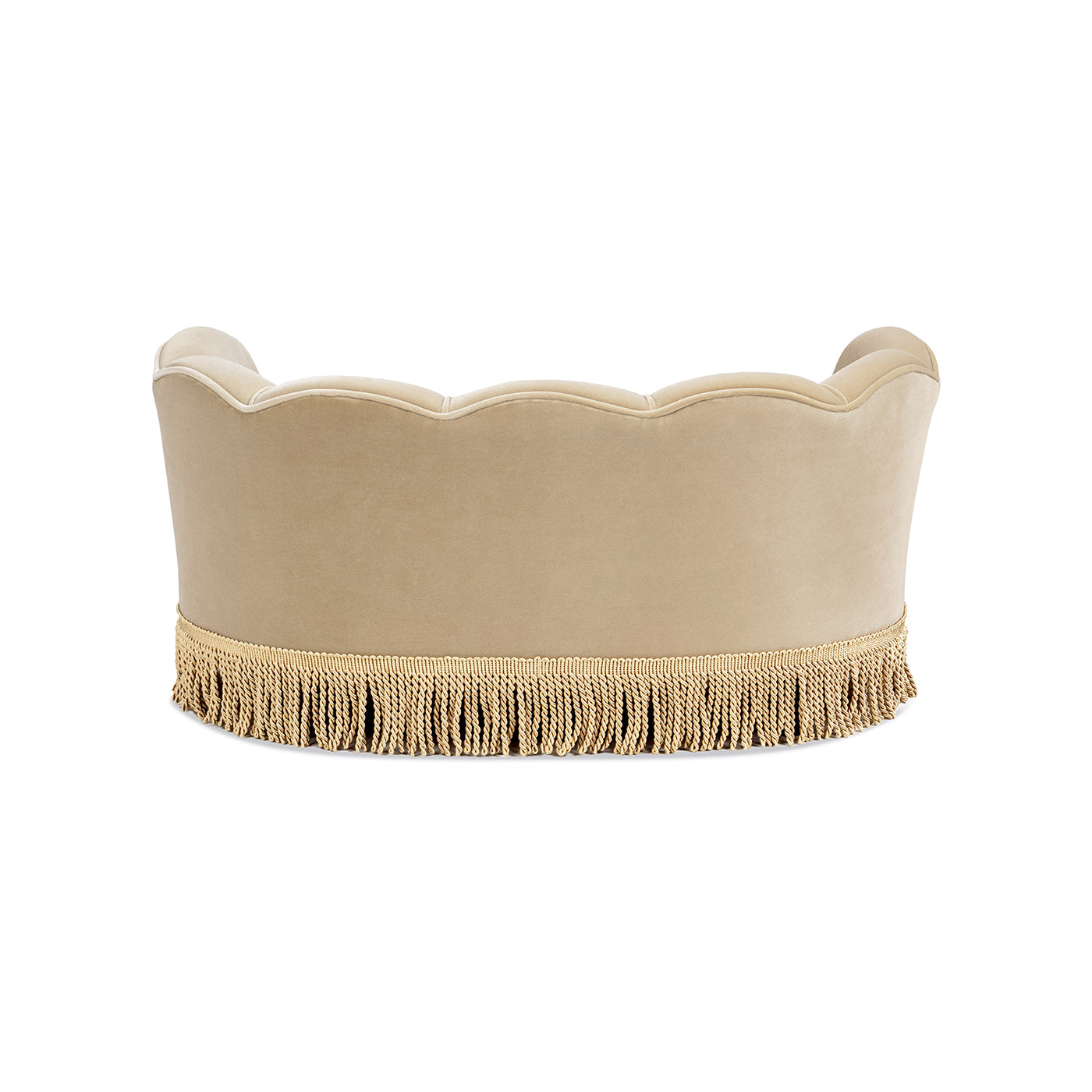 Clara 34.5in scalloped pet sofa bed, fawn velvet with gold fringe, HouseOfZazla on Tampa Home & Garden Store
