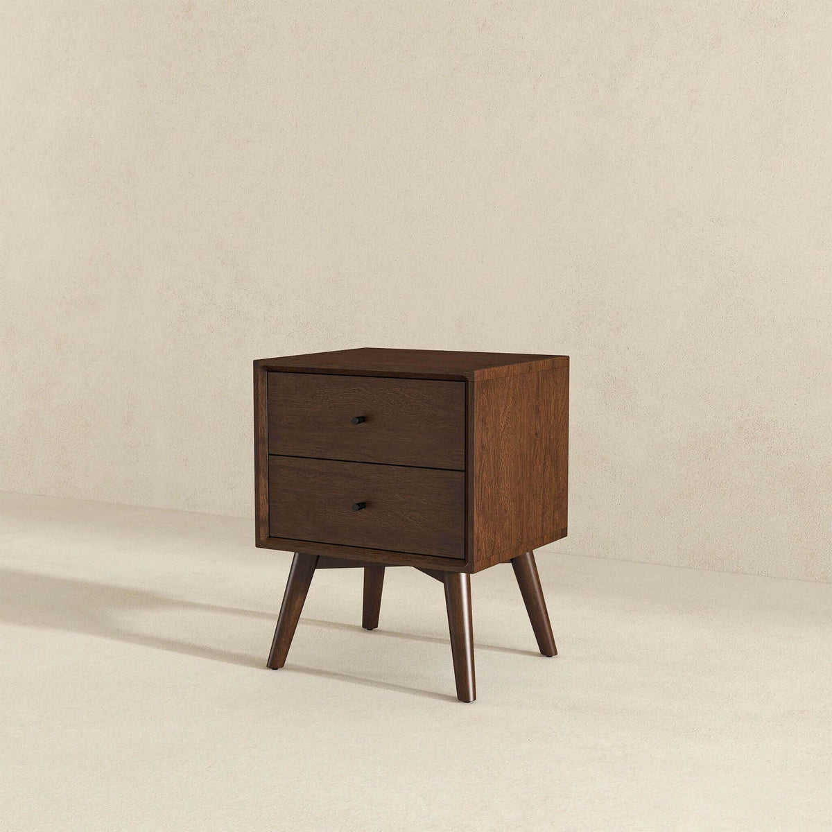 Dark brown mid-century modern night stand with 2 drawers and angled legs on Tampa Home & Garden Store