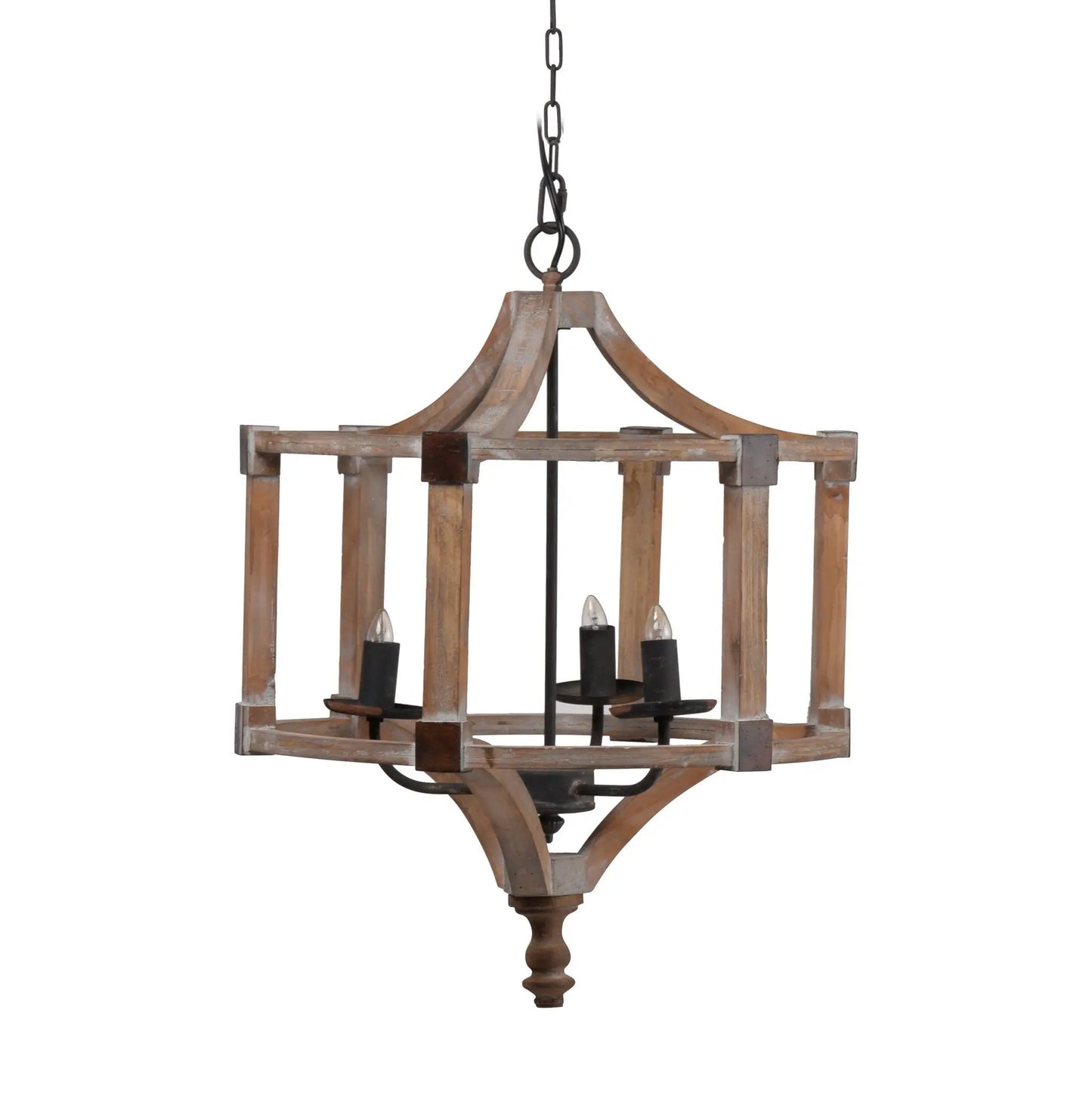 Three Light Wood Drum Chandelier With Chain Brown