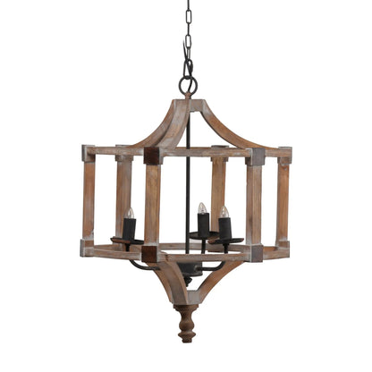 Three Light Wood Drum Chandelier With Chain Brown