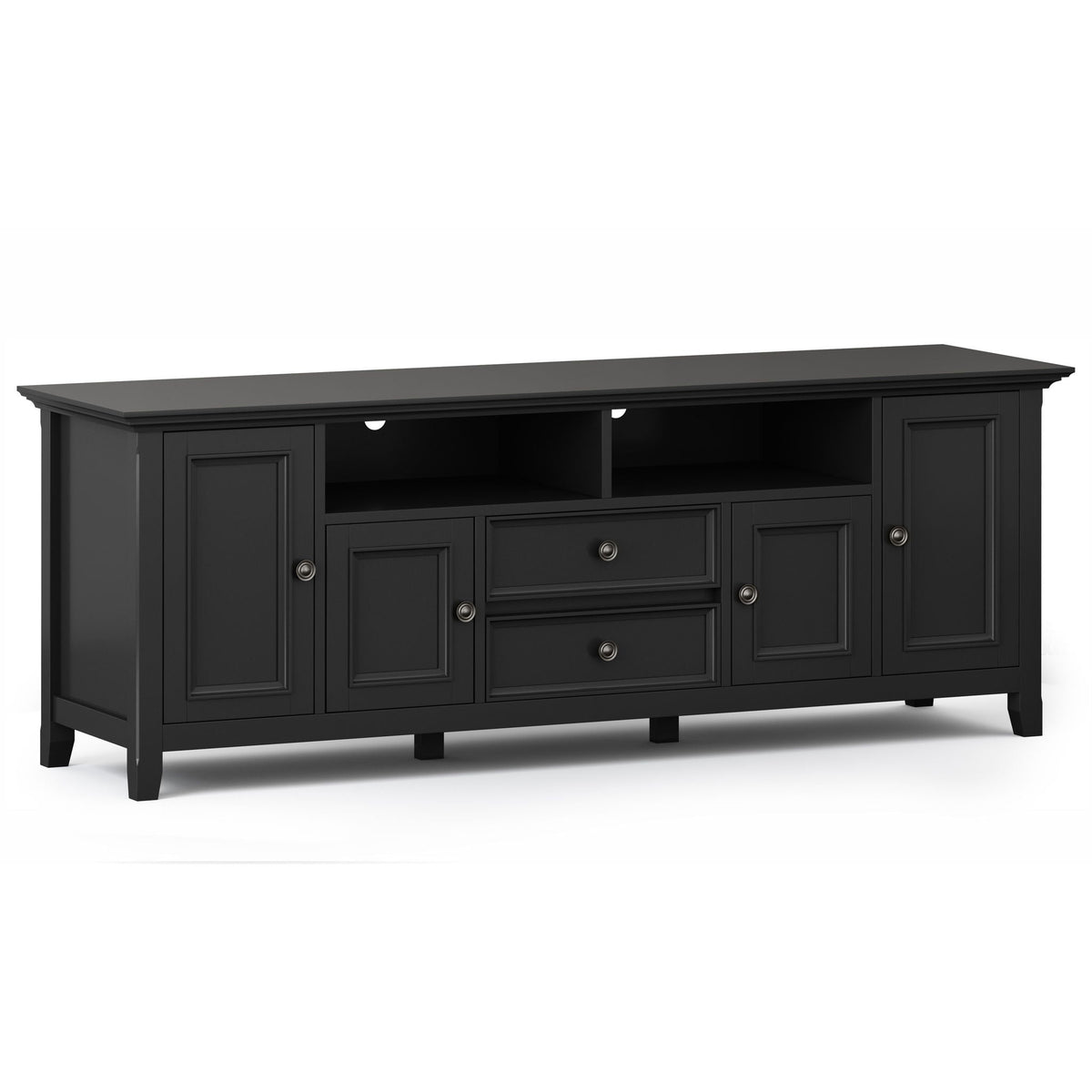 Wide TV stand in solid wood, black finish with open shelves and drawers by HouseOfZazla on Tampa Home & Garden Store