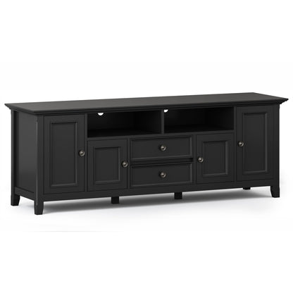 Wide TV stand in solid wood, black finish with open shelves and drawers by HouseOfZazla on Tampa Home & Garden Store