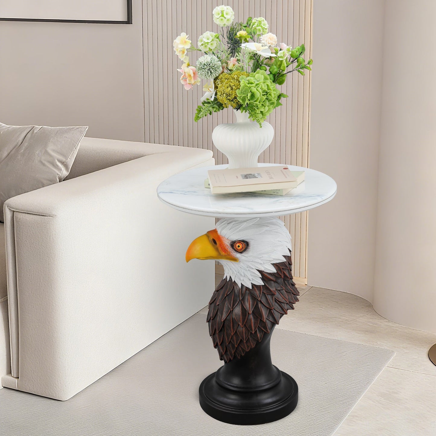 Eagle Head Accent Table with marble round top on black eagle pedestal and floral vase on Tampa Home & Garden Store
