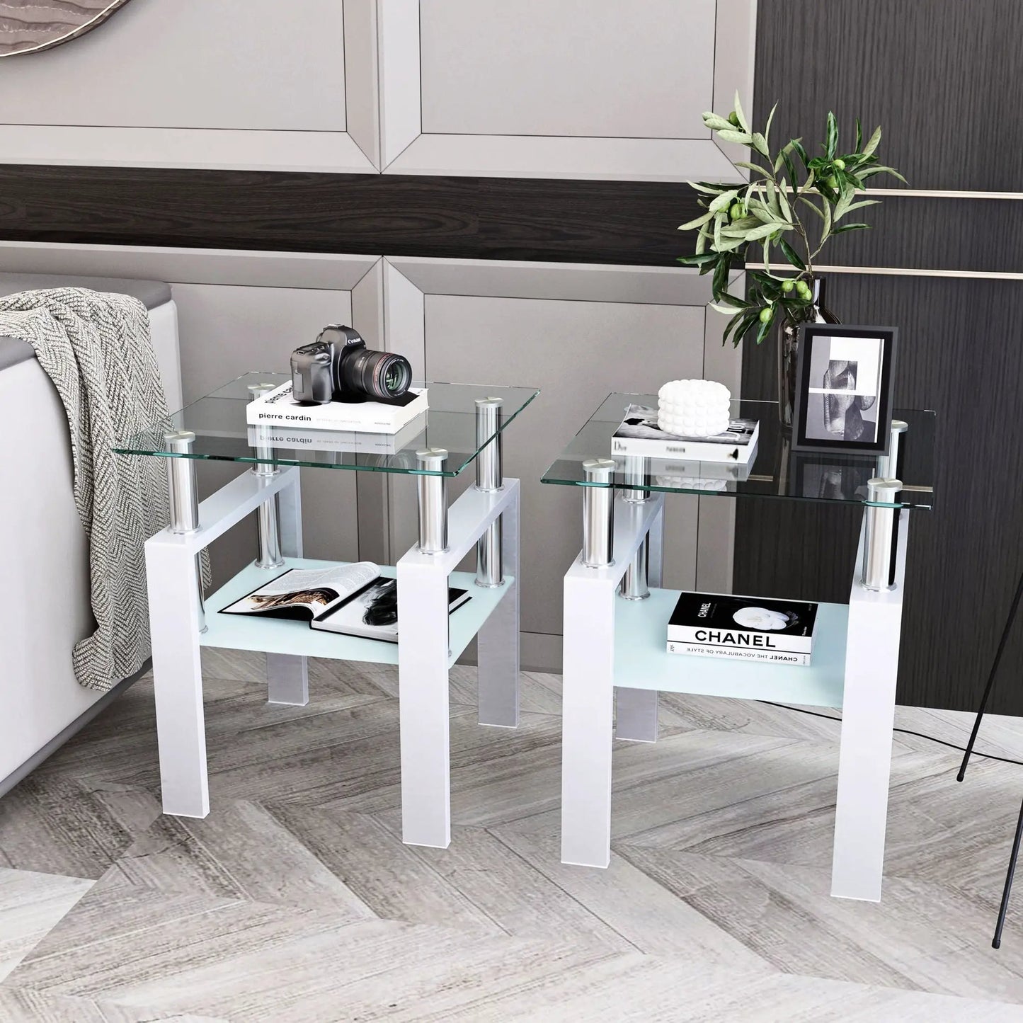 Two clear tempered glass end tables with frames and chrome legs by Unique Piece Furniture on Tampa Home & Garden Store