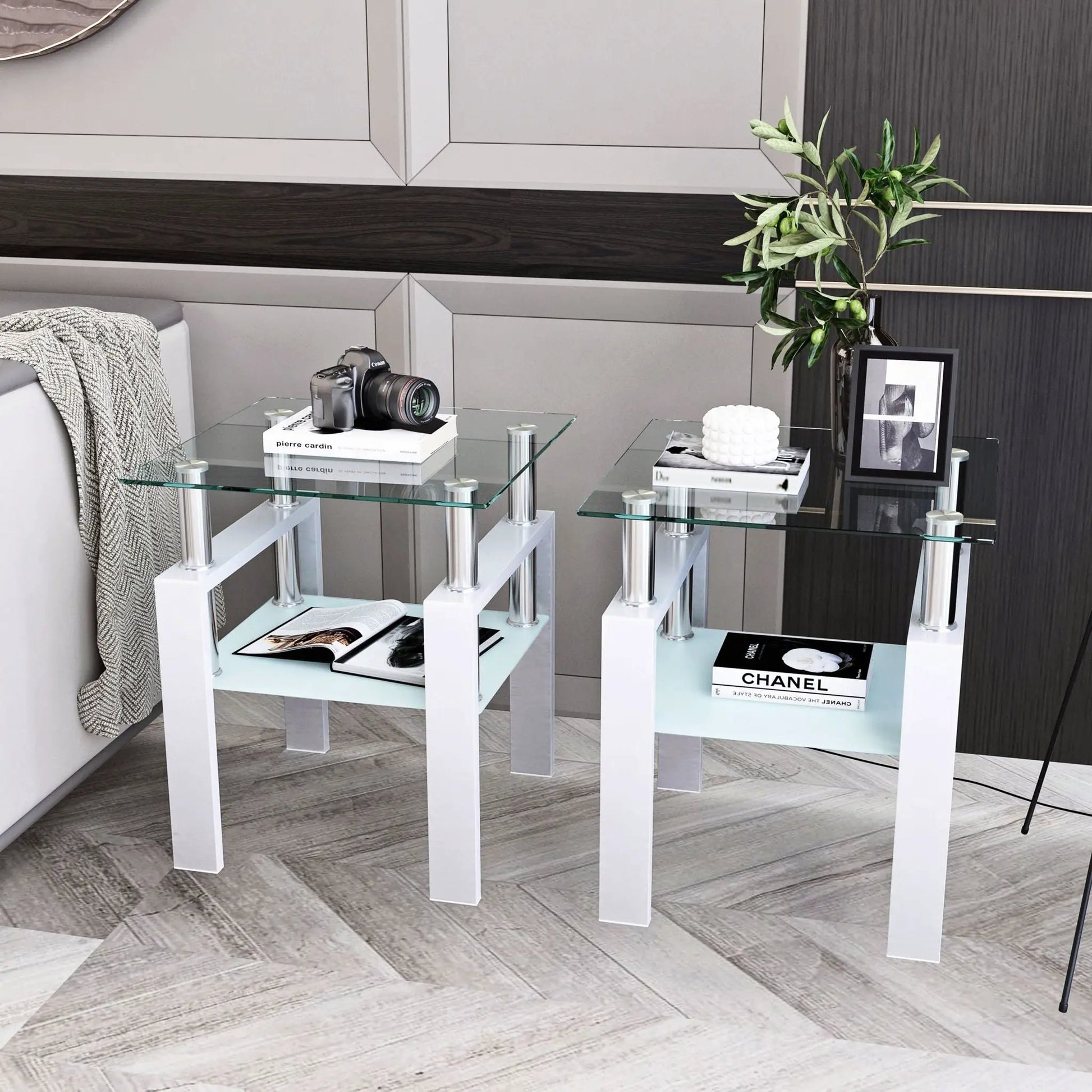 Two clear tempered glass end tables with frames and chrome legs by Unique Piece Furniture on Tampa Home & Garden Store