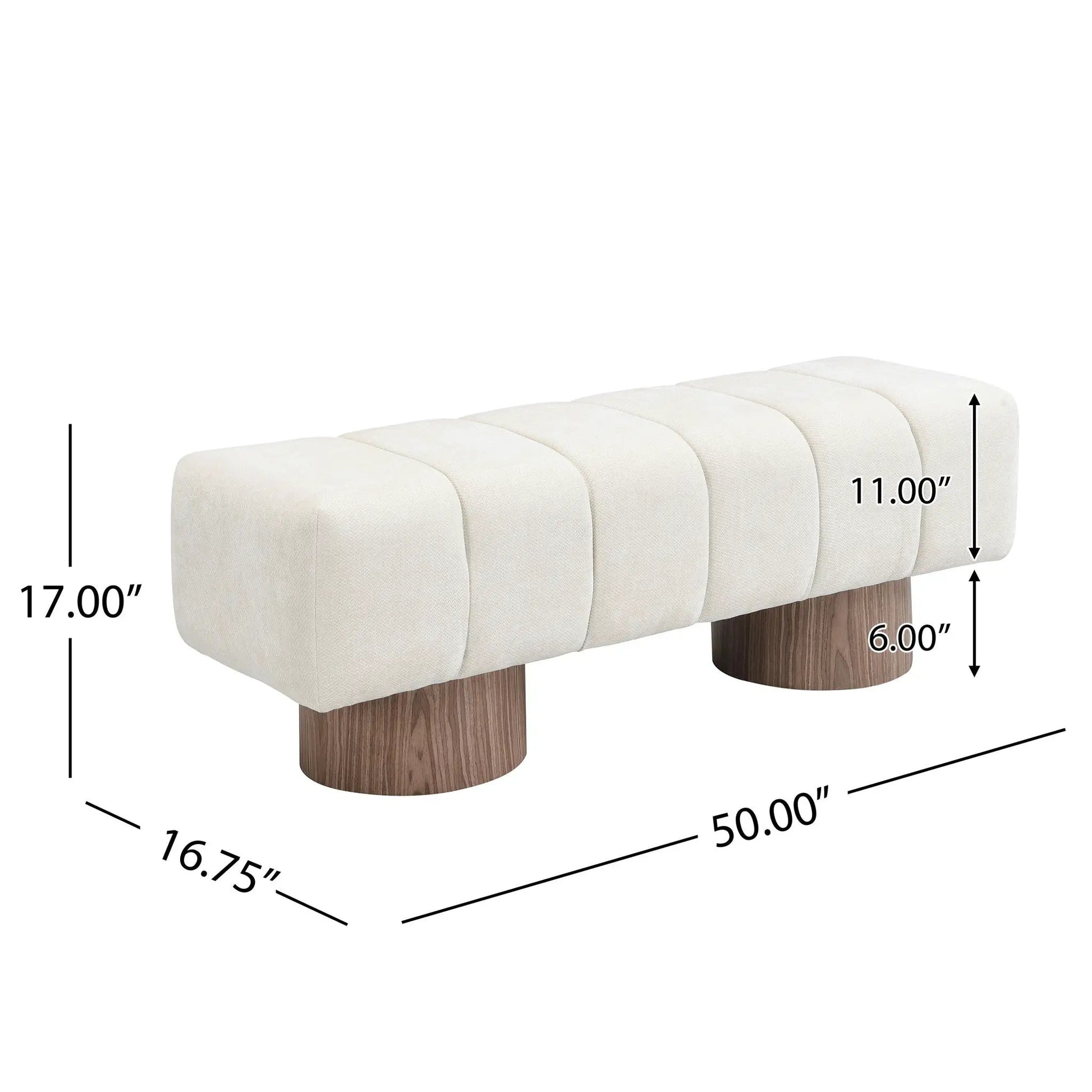 Upholstered dining bench with beige tufted fabric and dark wood cylindrical legs for dining room on Tampa Home & Garden Store