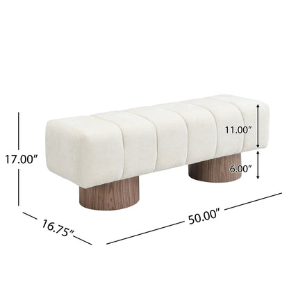 Upholstered dining bench with beige tufted fabric and dark wood cylindrical legs for dining room on Tampa Home & Garden Store