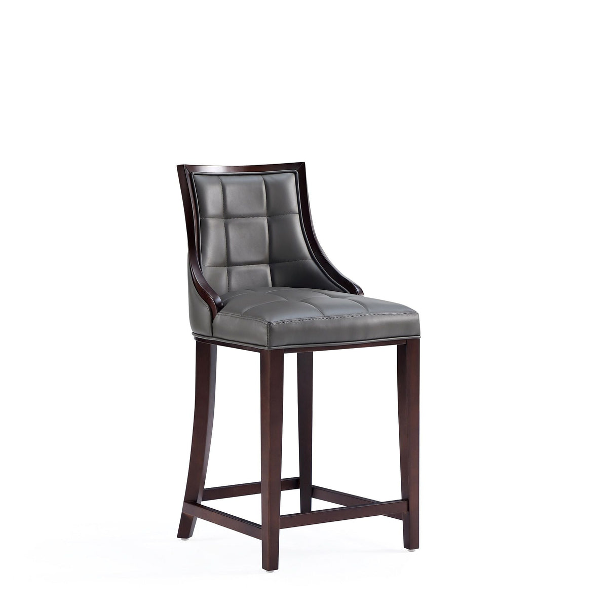 Bar height stool with solid dark wood frame and gray tufted leather cushion on Tampa Home & Garden Store