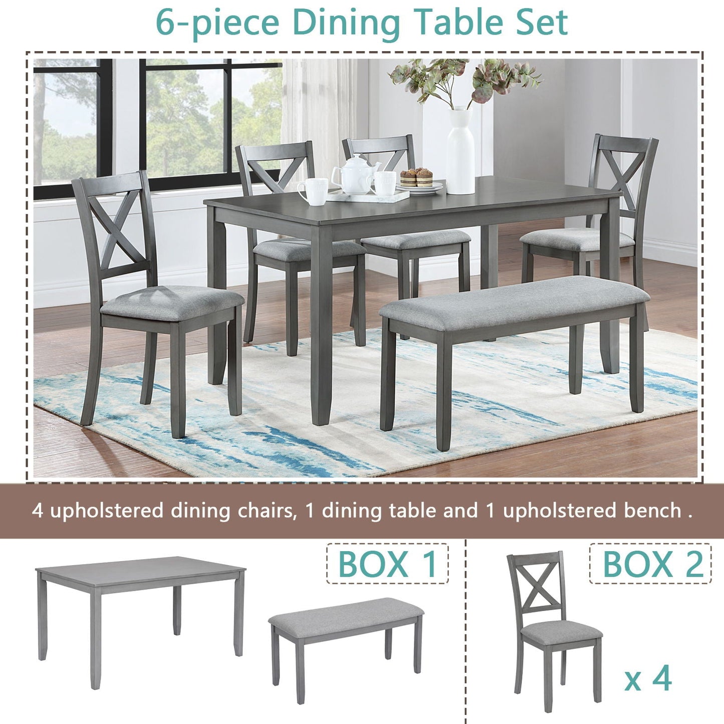 HouseOfZazla 6pc dining set: gray table with 4 upholstered chairs and 1 bench on Tampa Home & Garden Store