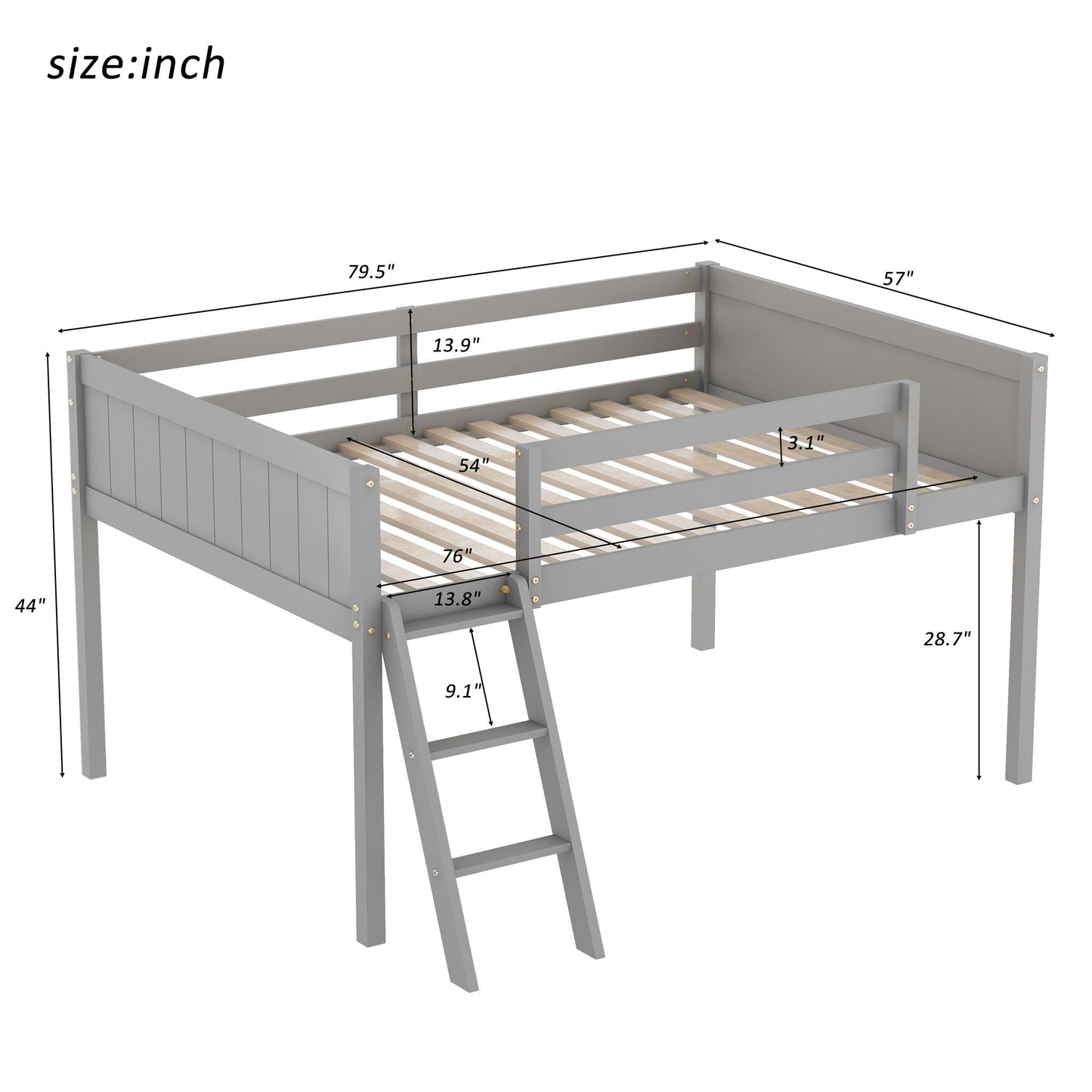 Low loft bed with adjustable ladder in gray by HouseOfZazla; guard rails on Tampa Home & Garden Store