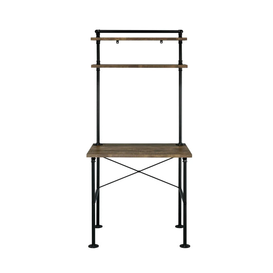 Ensata Rustic Writing Desk in black and oak with industrial metal frame and two shelves on Tampa Home & Garden Store