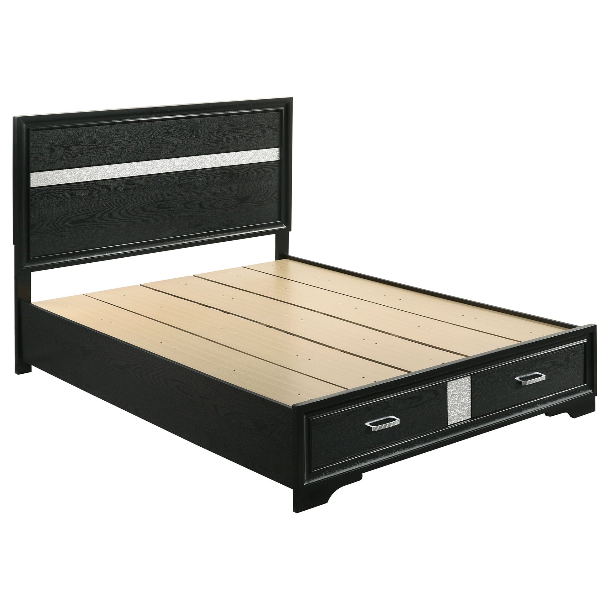 Corbin 4 Piece Bedroom Set bed frame in black wood with glitter stripe headboard on Tampa Home & Garden Store