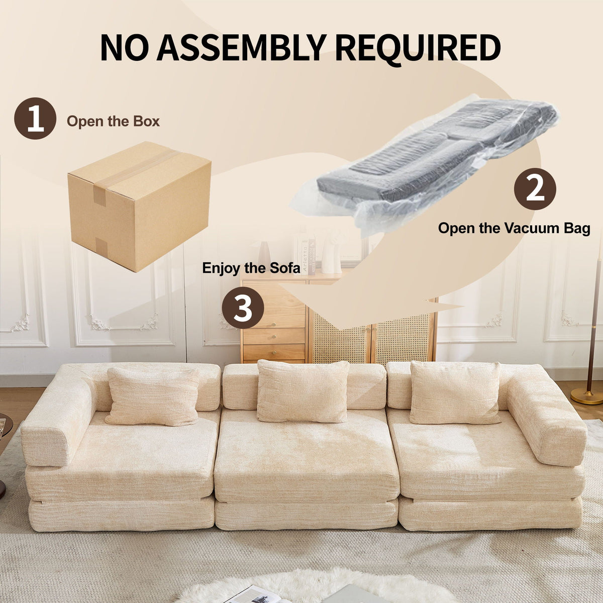 Convertible floor sofa bed in beige linen fabric, modular futon sofa for living room on Tampa Home & Garden Store