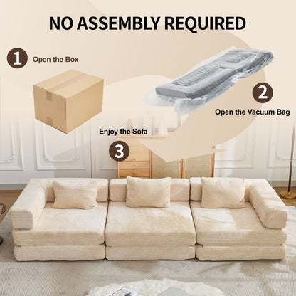 Convertible floor sofa bed in beige linen fabric, modular futon sofa for living room on Tampa Home & Garden Store