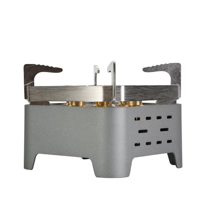 Portable camping stove two-burner with gray metal body and brass burners on Tampa Home & Garden Store