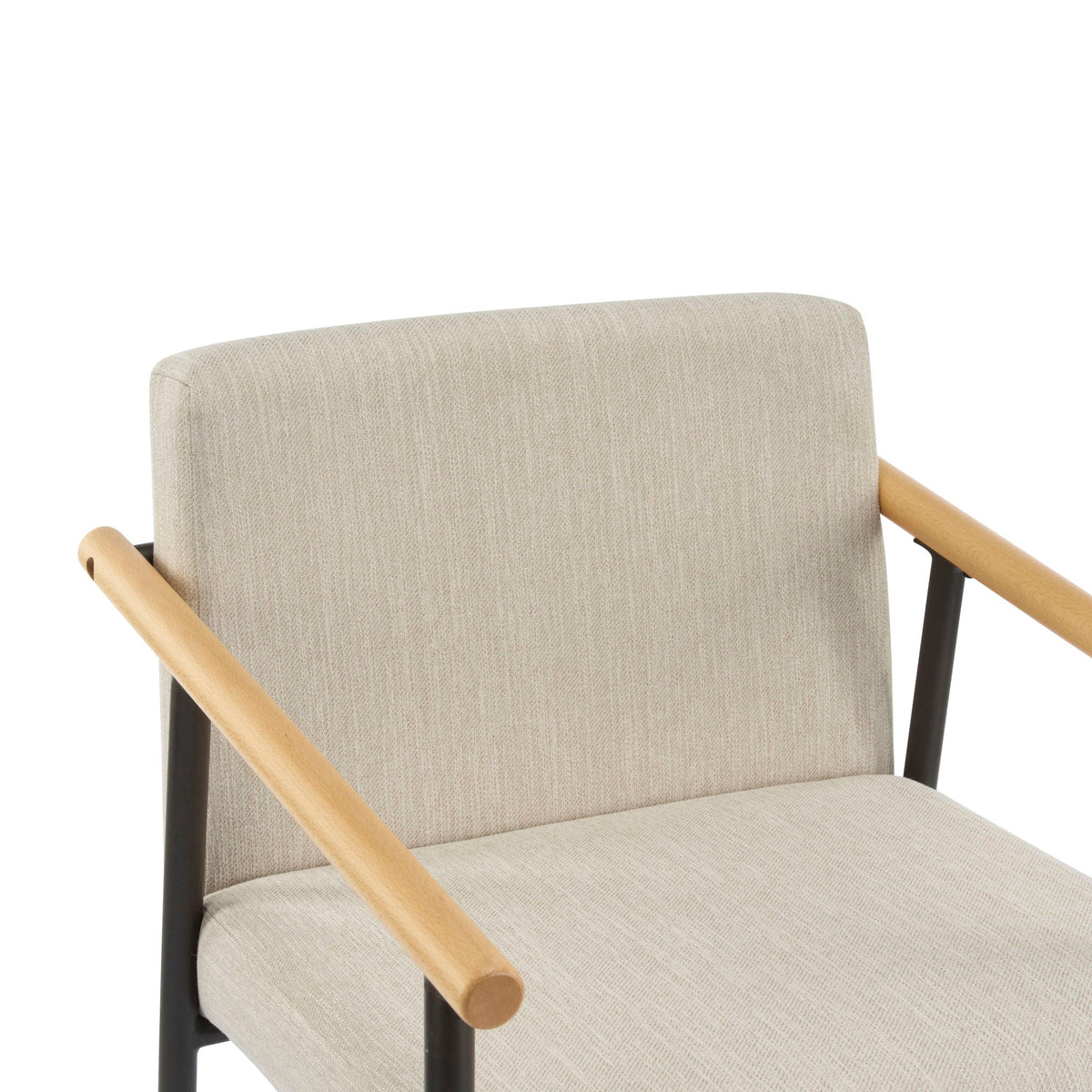 Mid Century Modern Counter Stool Set with iron frame, tan fabric upholstery and wooden armrests on Tampa Home & Garden Store