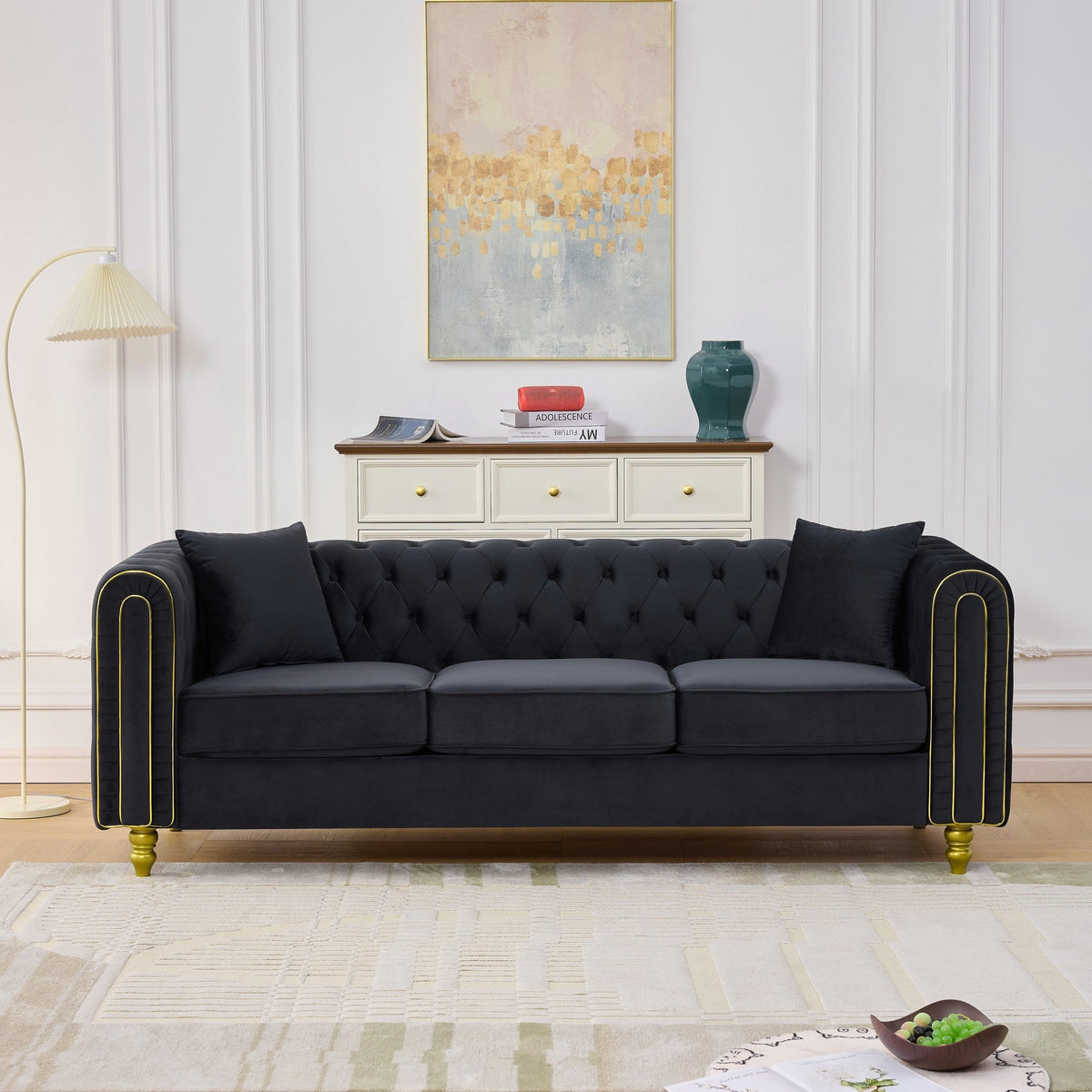 Modern 86 Inch Tufted Velvet And Gold Sofa