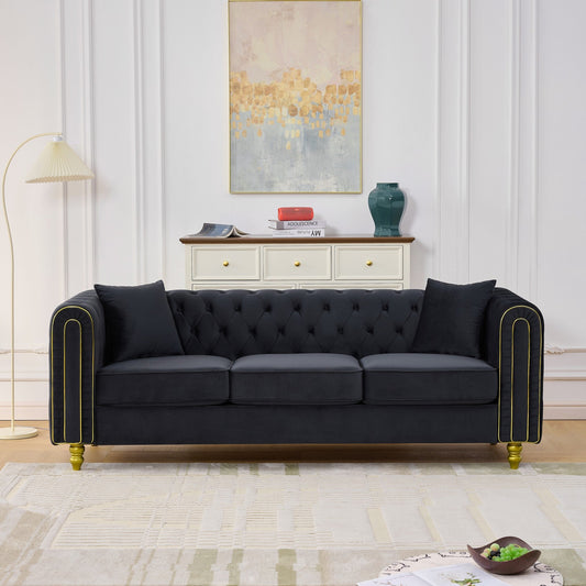 86in Modern Loveseat Sofa by HouseOfZazla in black tufted velvet with gold piping on Tampa Home & Garden Store
