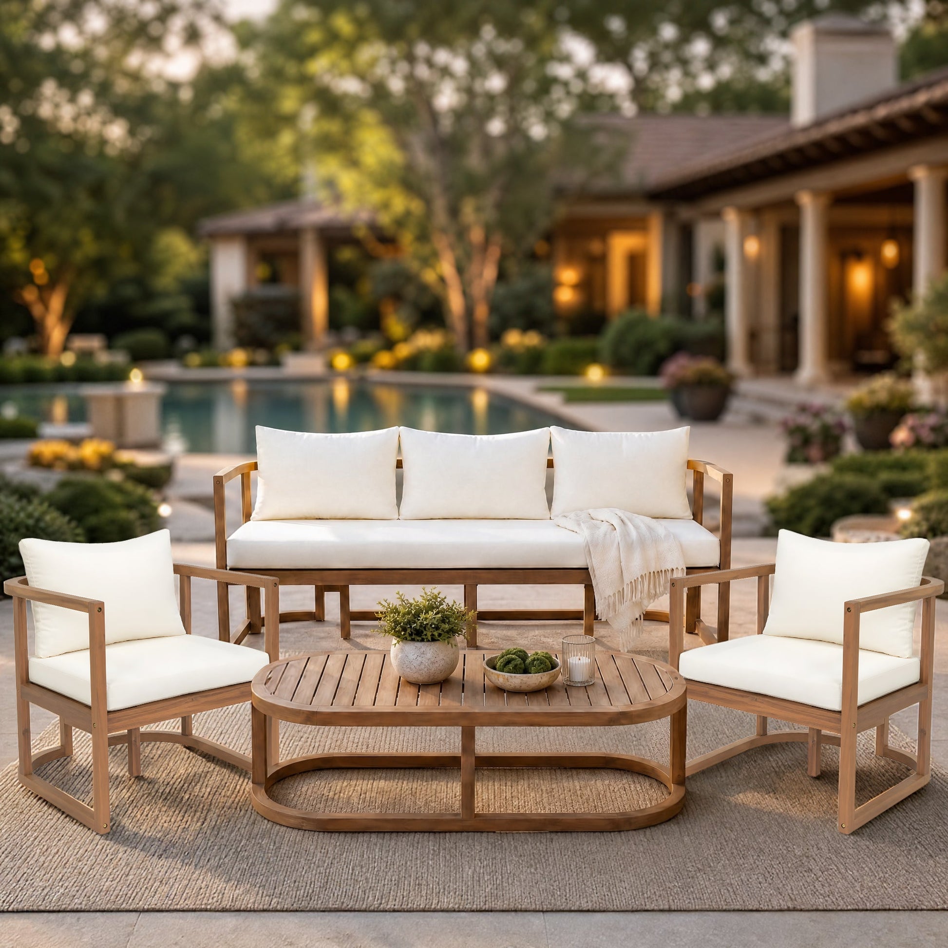 TOPMAX 4-Piece Modern Acacia Wood Patio Sofa Set with white cushions and coffee table poolside on Tampa Home & Garden Store