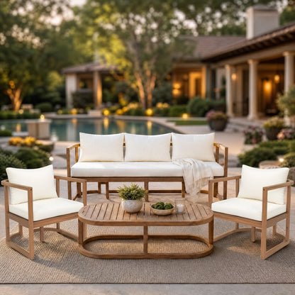 TOPMAX 4-Piece Modern Acacia Wood Patio Sofa Set with white cushions and coffee table poolside on Tampa Home & Garden Store
