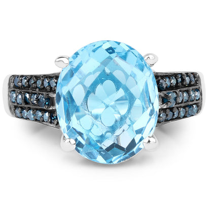 Ring with 5.51ct Baby Swiss Blue Topaz and blue diamond pave band in .925 sterling silver on Tampa Home & Garden Store