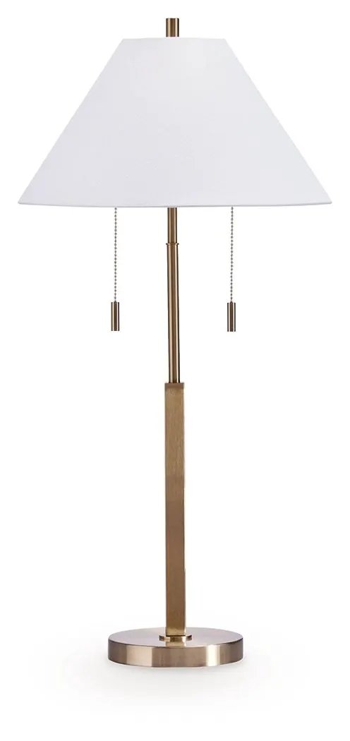 Haigwood metal floor lamp with white shade and brass base and pull-chain accents on Tampa Home & Garden Store