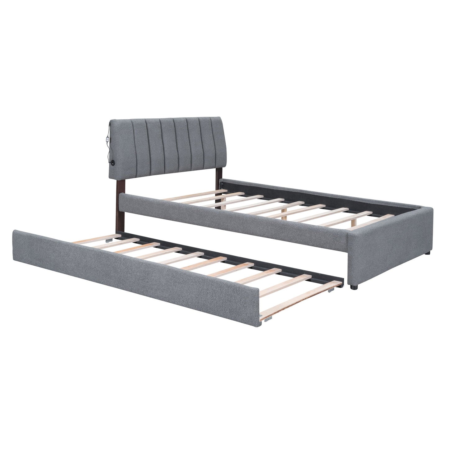 Upholstered Bed with Trundle, gray fabric, padded headboard, slatted base by HouseOfZazla on Tampa Home & Garden Store