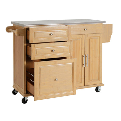 Bamboo Rolling Kitchen Island with Steel Top