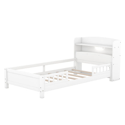 Wood platform bed with built-in LED light, white storage headboard and guardrail on Tampa Home & Garden Store