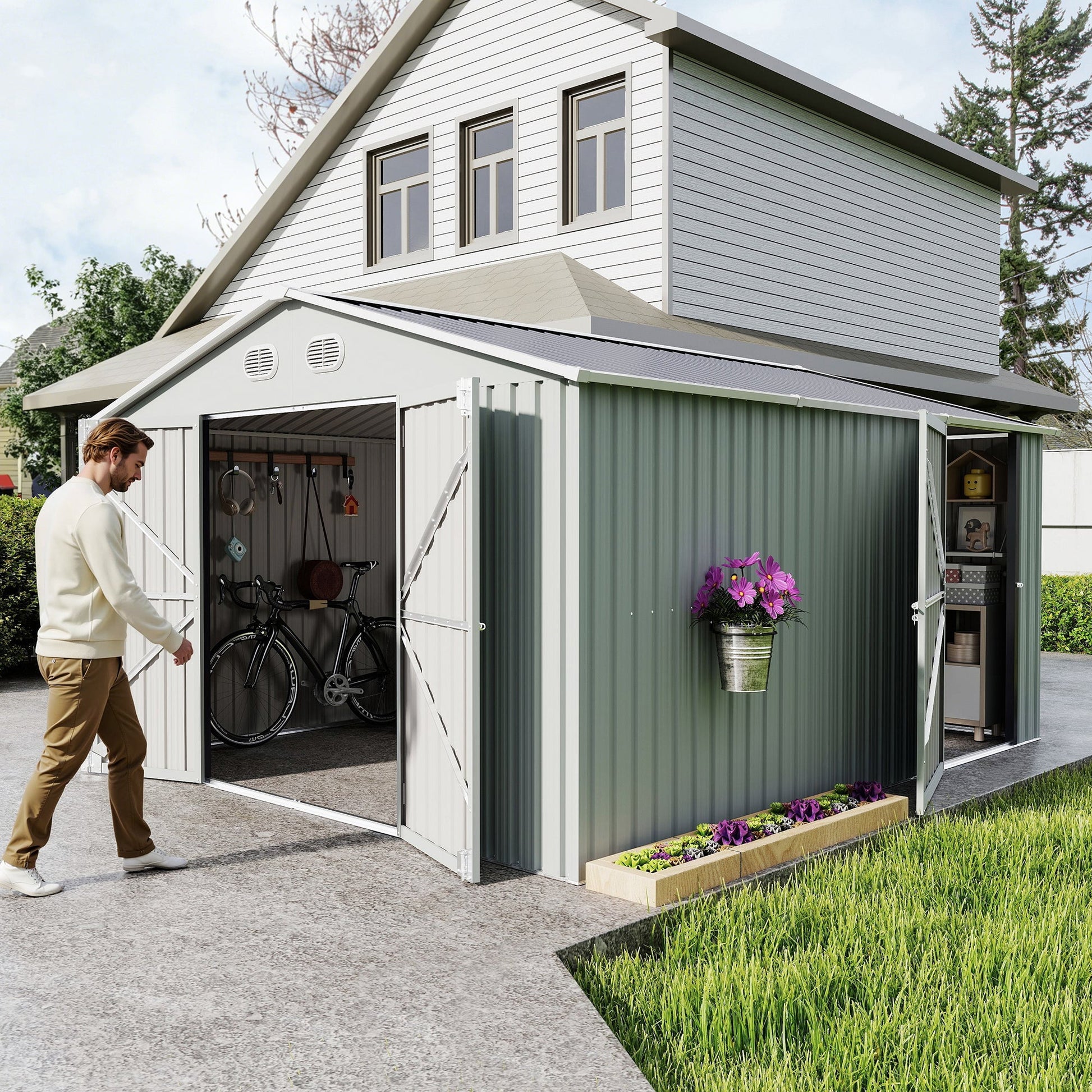 10x12 ft outdoor metal storage shed in gray with open doors showing bicycles inside on Tampa Home & Garden Store