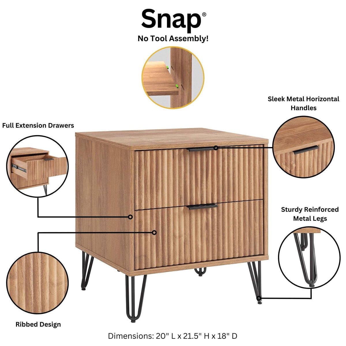 Dumbo Nightstand with 2 drawers, fluted fronts, oak finish, black metal legs, HouseOfZazla on Tampa Home & Garden Store