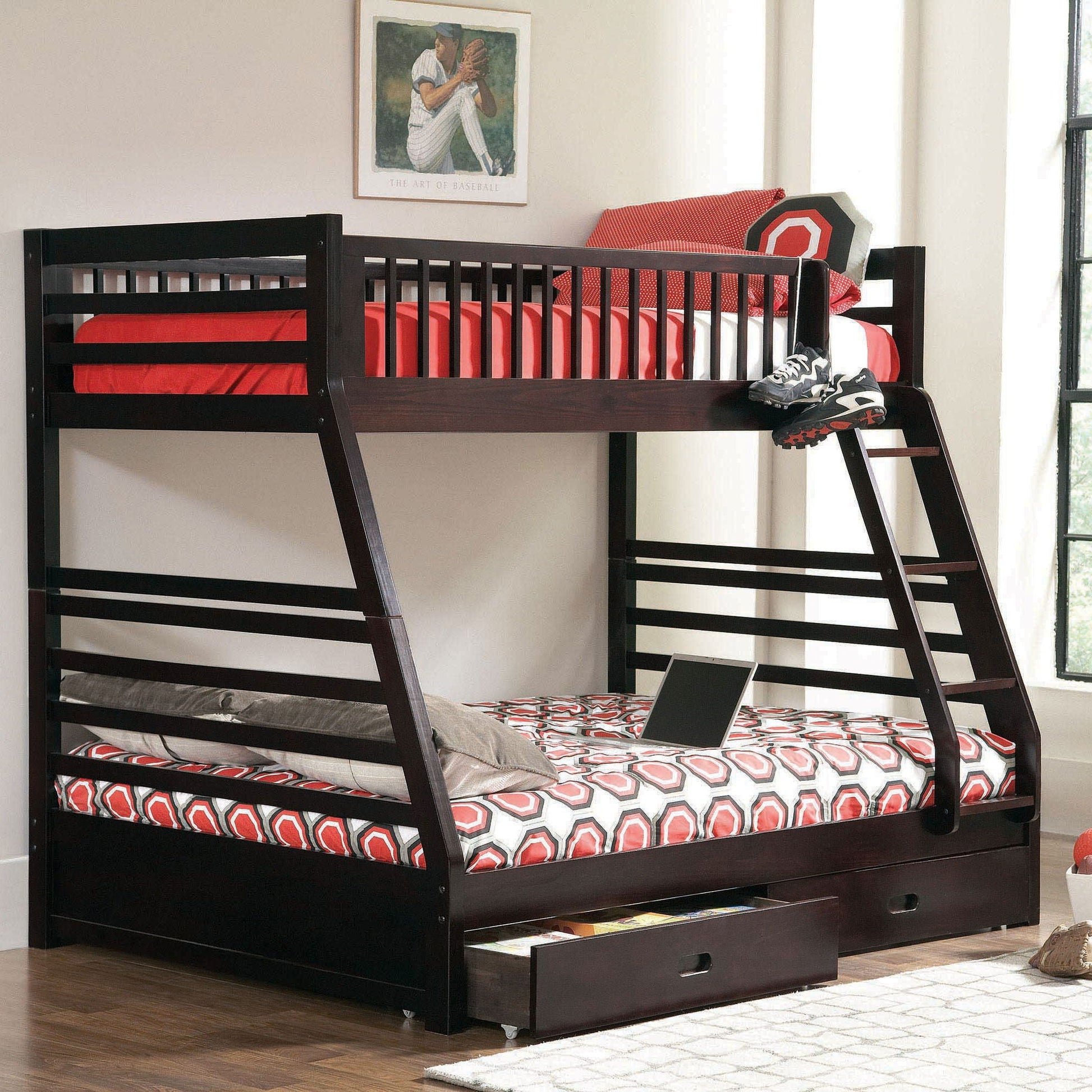 Newhall bunk bed in dark wood finish with 2 under-bed drawers and a ladder, red bedding on Tampa Home & Garden Store