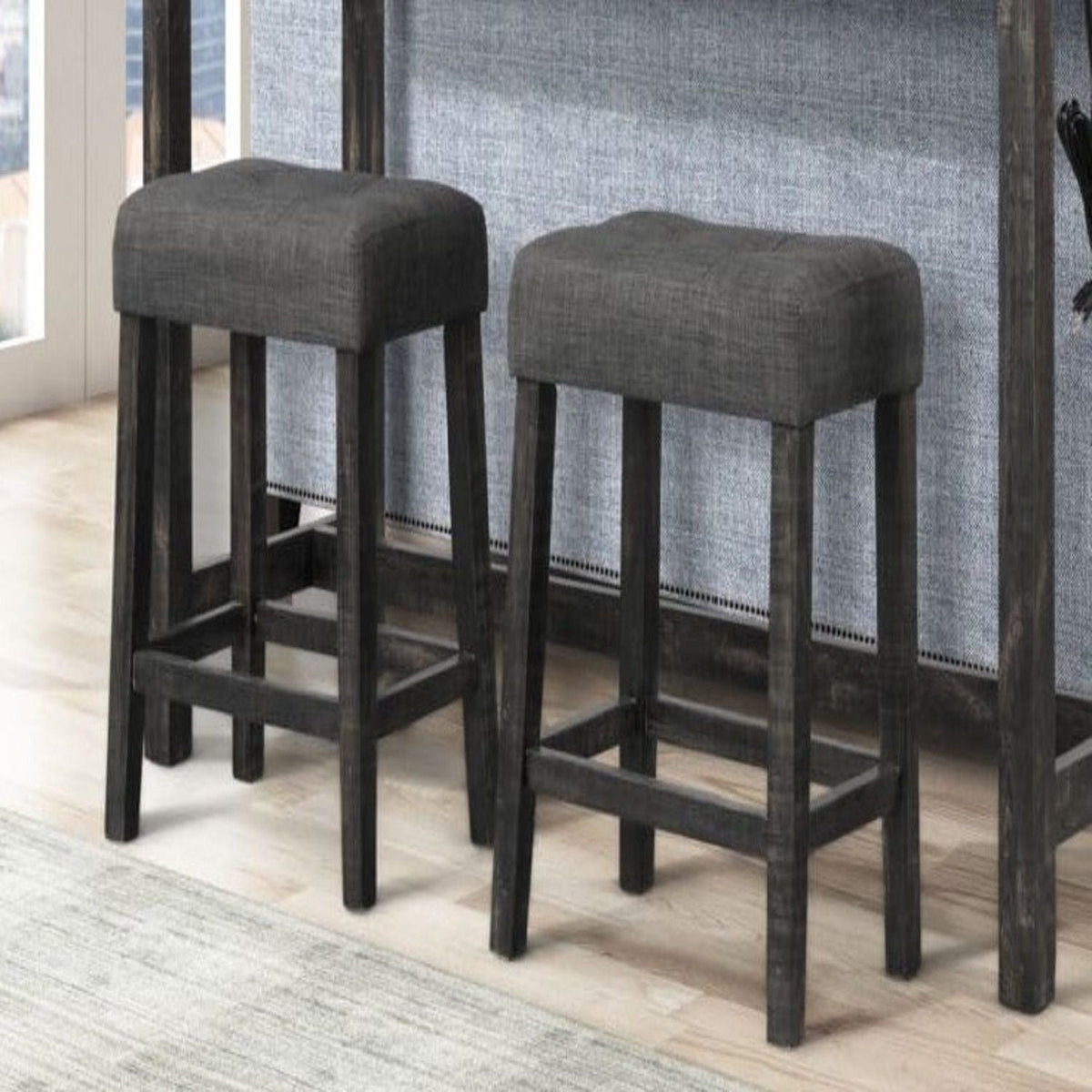Backless counter stool set, two stools with grey upholstery and dark wood legs by HouseOfZazla on Tampa Home & Garden Store