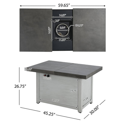 Extendable rectangle aluminum fire pit table with gray wood-grain panels and 50,000 BTU on Tampa Home & Garden Store