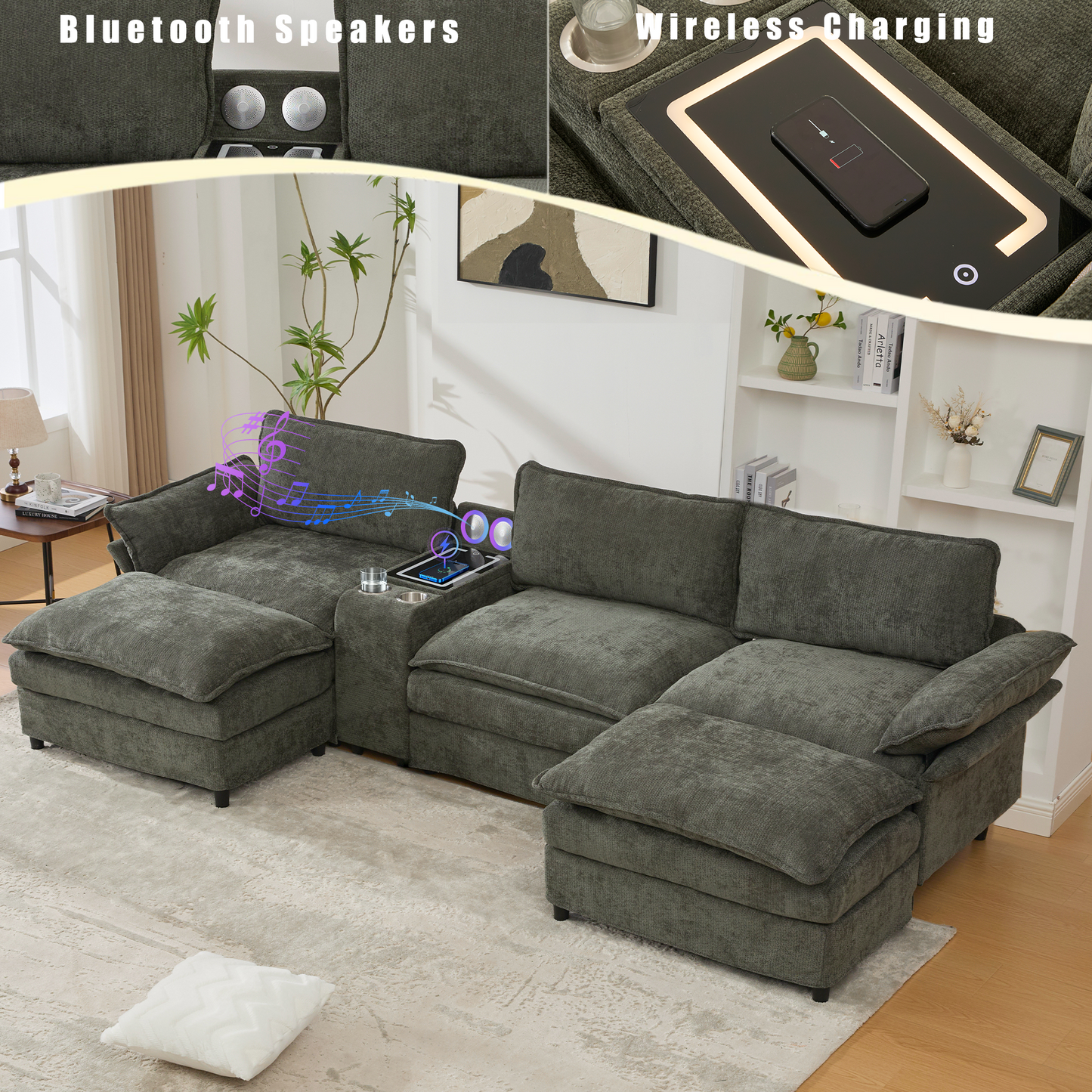 U-shaped modular sectional sofa with storage console and Bluetooth speakers HouseOfZazla on Tampa Home & Garden Store
